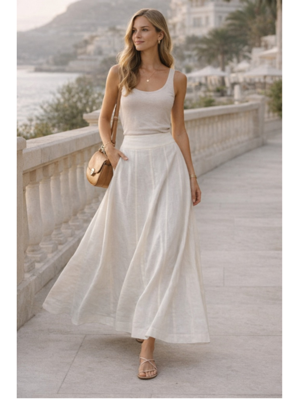 Linen Maxi Skirt Women 6 Melanie Lyne A-Line High Waist Minimalist Coastal White